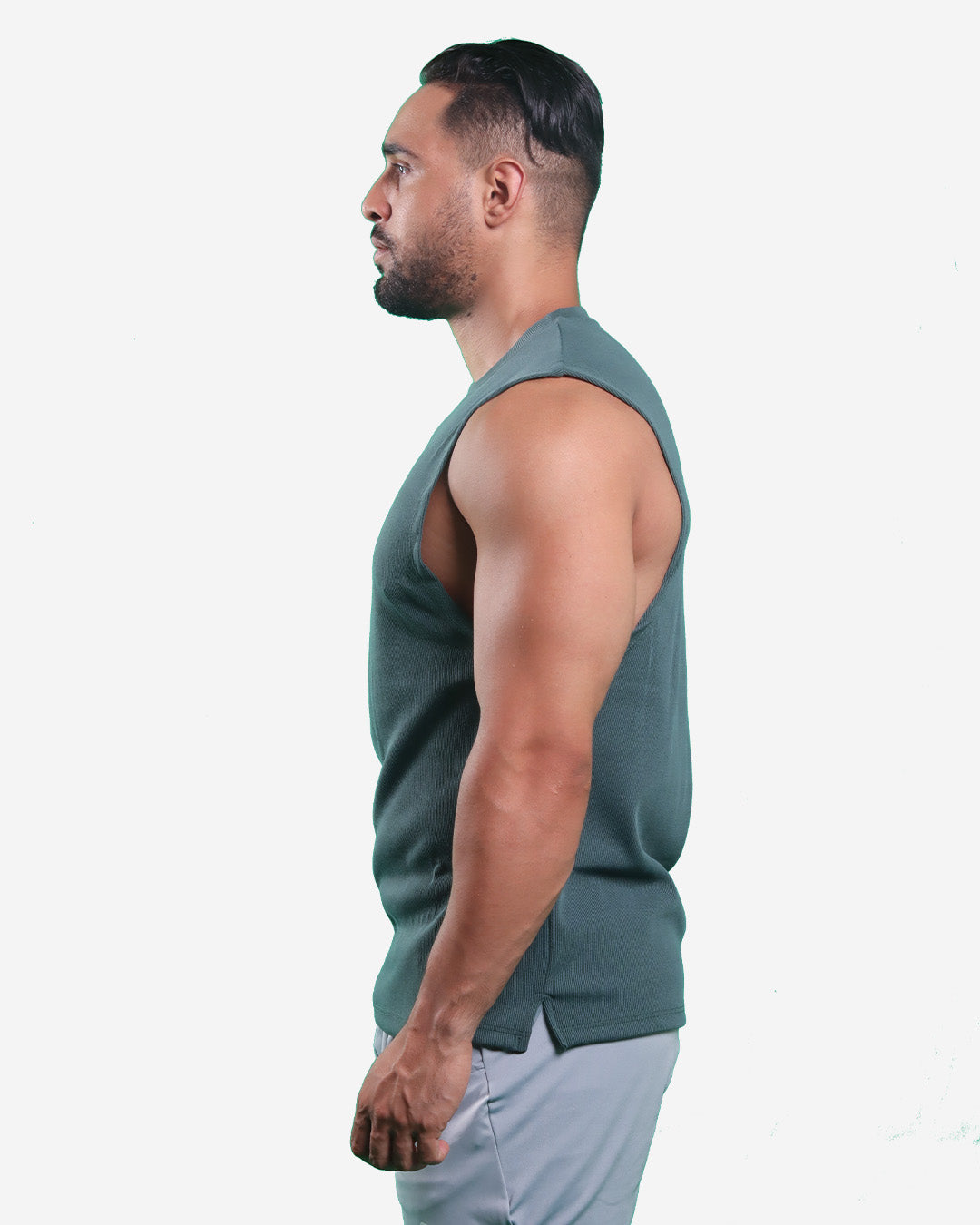 STALE GREEN RIBTECH SLEEVELESS