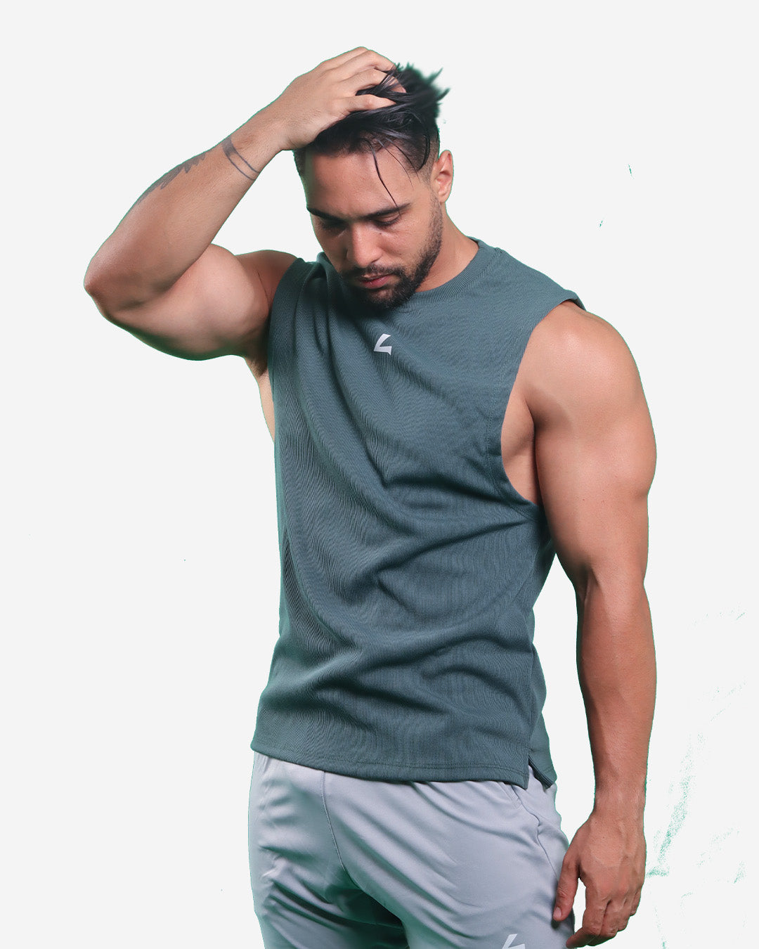 STALE GREEN RIBTECH SLEEVELESS